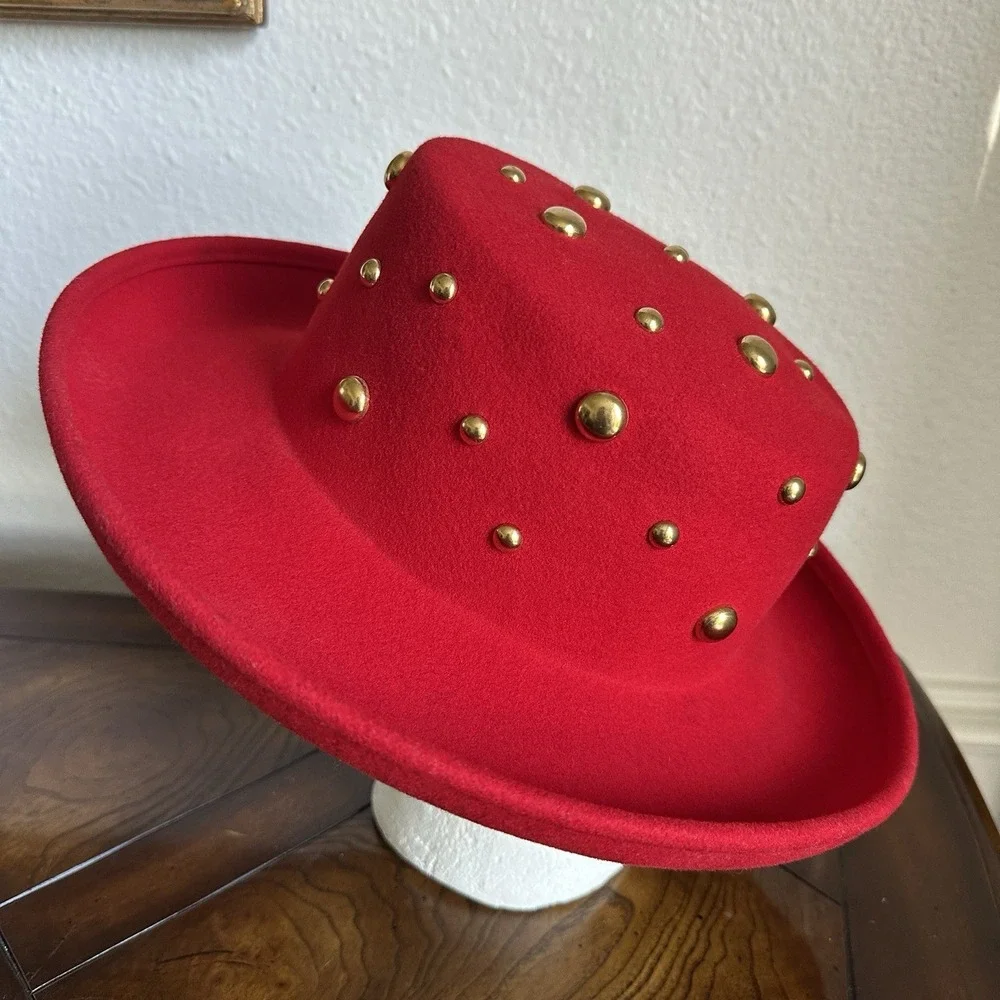 VTG Betmar NY Red Wool Hat 22 Inch Small Gold Stud Fedora Wide Brim USA LiteFelt
